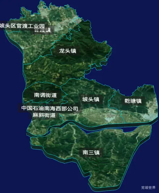 threejs湛江市坡头区geoJson地图3d地图自定义贴图加CSS3D标签